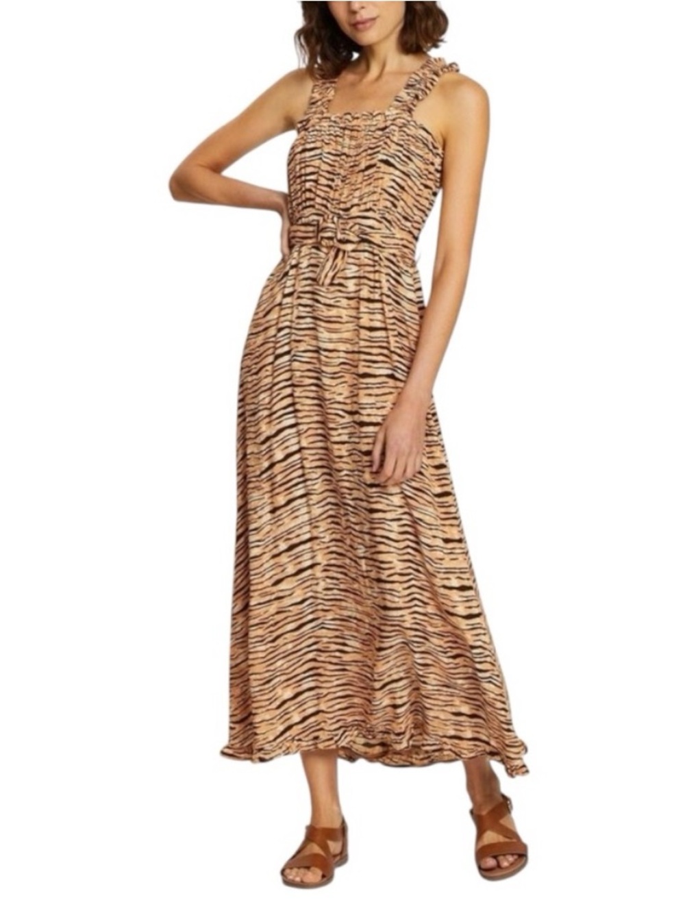 Faithful the brand St. Tropaz wyldie Tan and Black Tiger-Print Midi Dress
